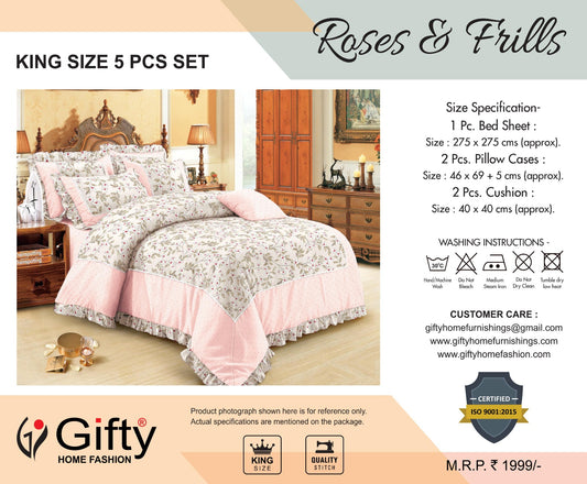 ROSES AND FRILLS KING SIZE 5 Piece Cushion Set With Frills